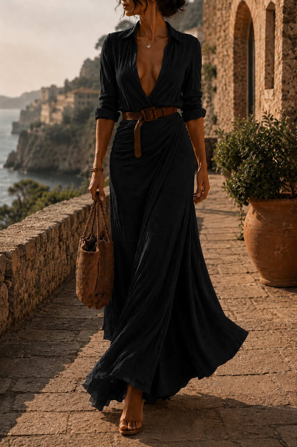 Long Draped Dress with Belt