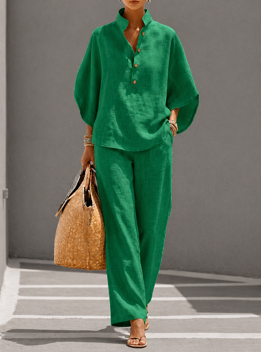 Mariel | Cotton Linen Batwing Sleeve Wide Pants Set