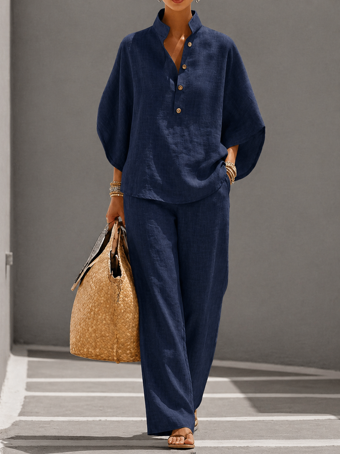 Mariel | Cotton Linen Batwing Sleeve Wide Pants Set