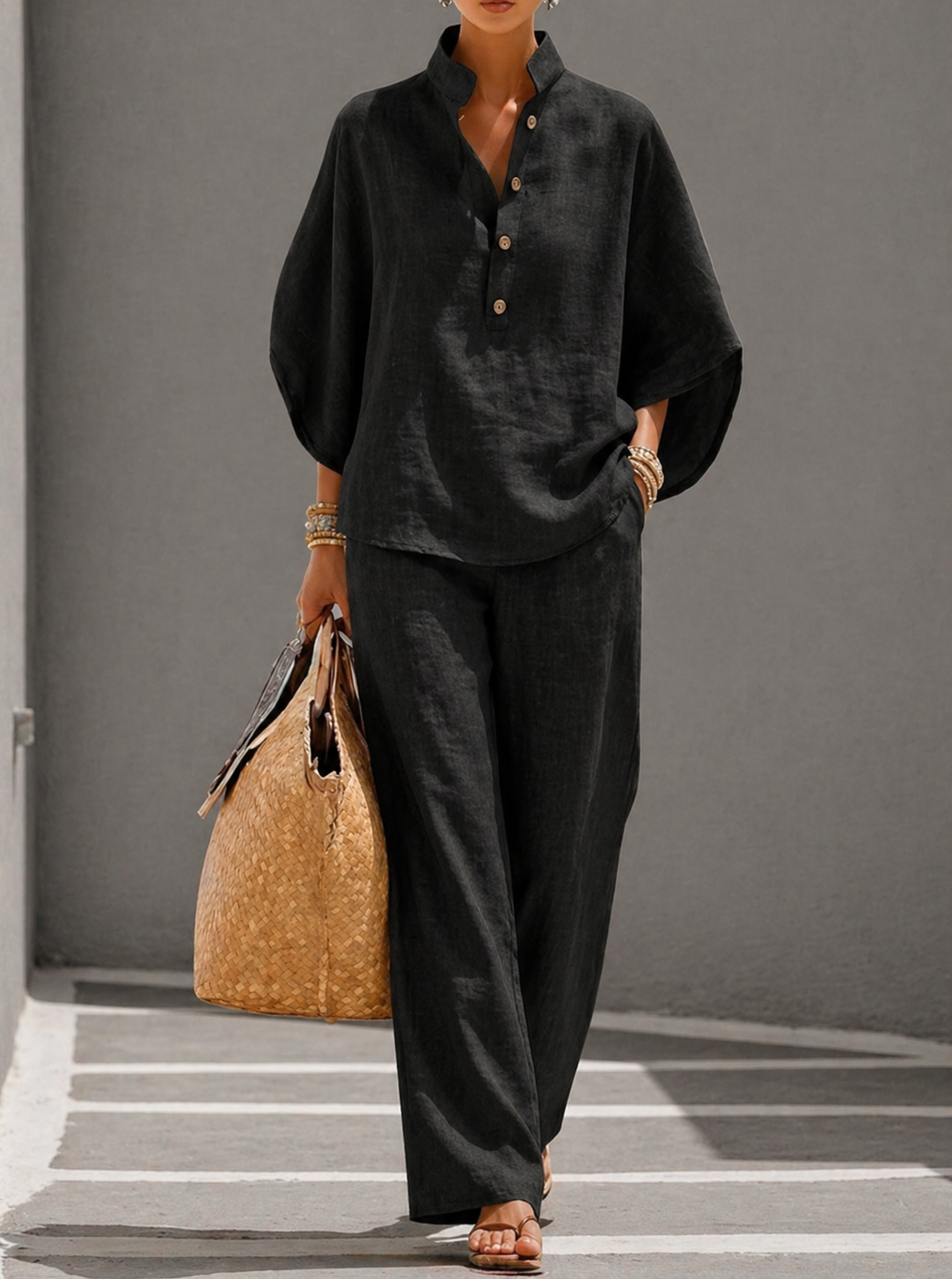 Mariel | Cotton Linen Batwing Sleeve Wide Pants Set