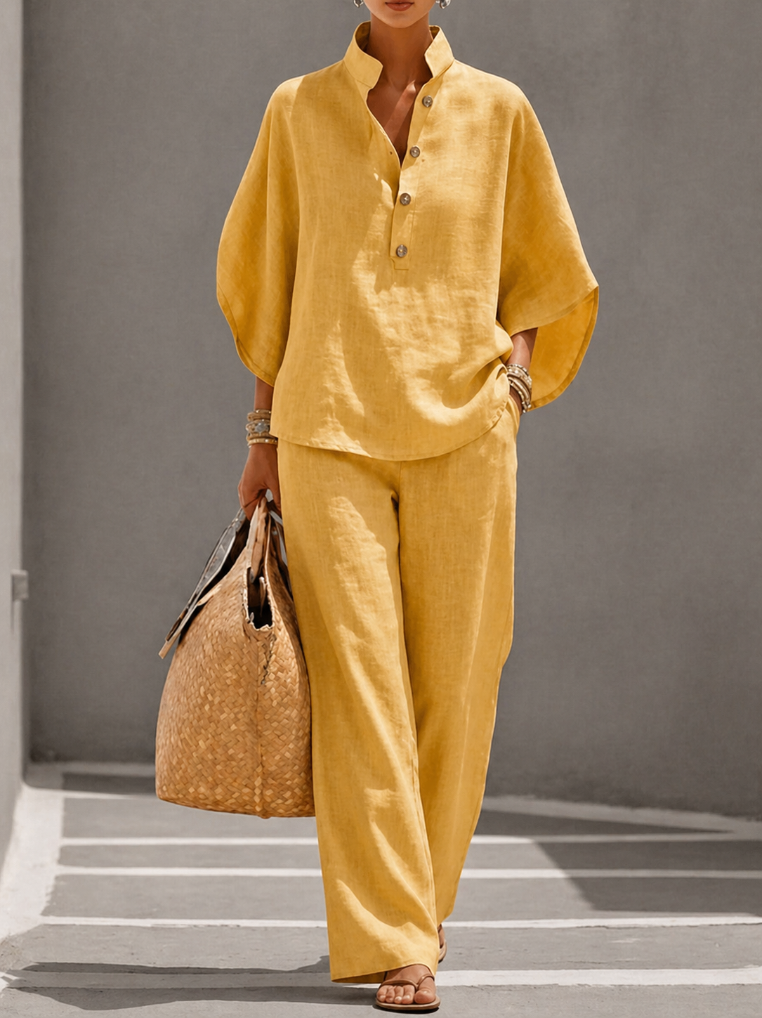 Mariel | Cotton Linen Batwing Sleeve Wide Pants Set