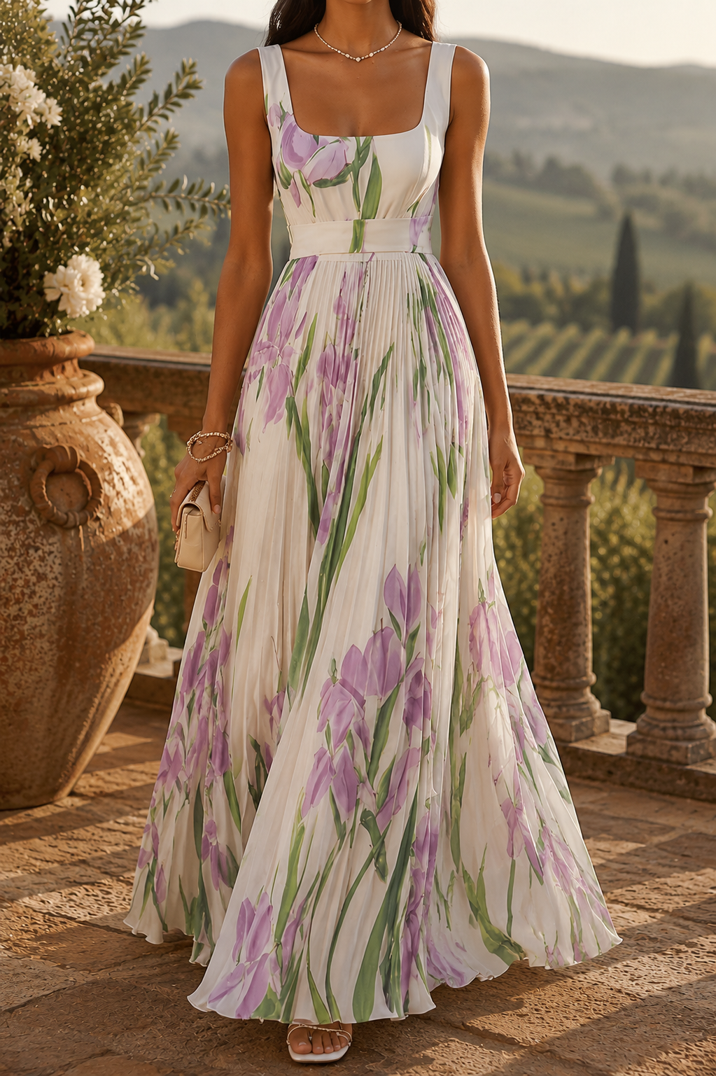 Long Pleated Dress with Floral Print