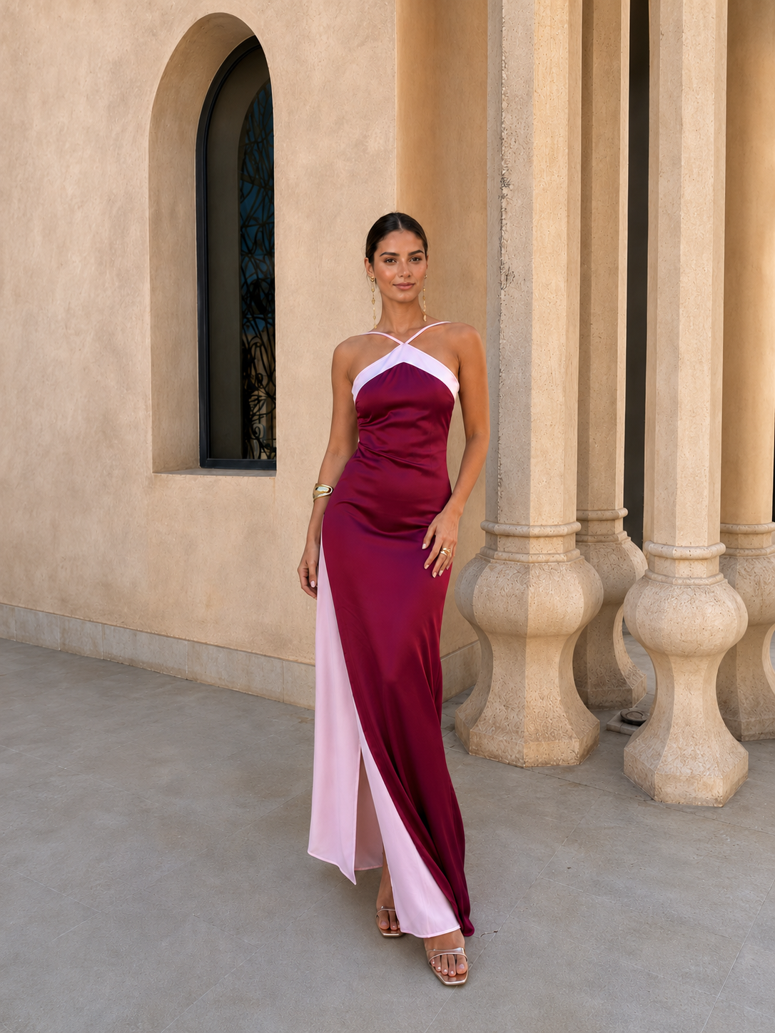 Long satin dress with crossover neckline