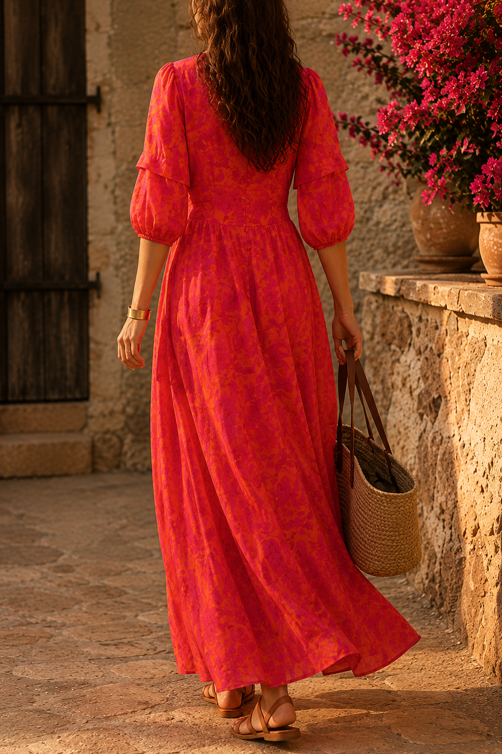 Long Resort Chic Dress in Pink and Orange