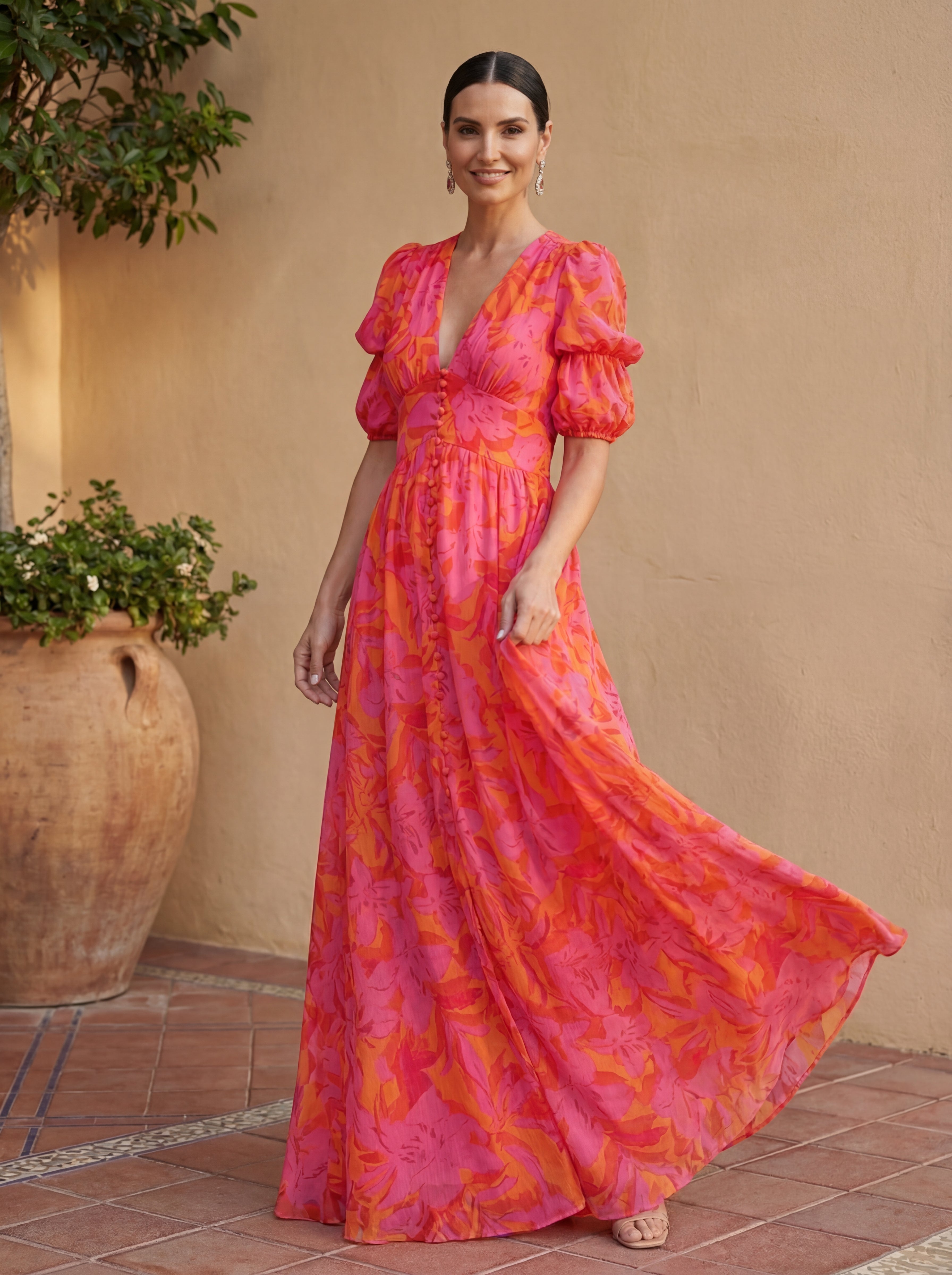 Oliva | Maxi Floral Dress with Balloon Sleeves and V-Neck