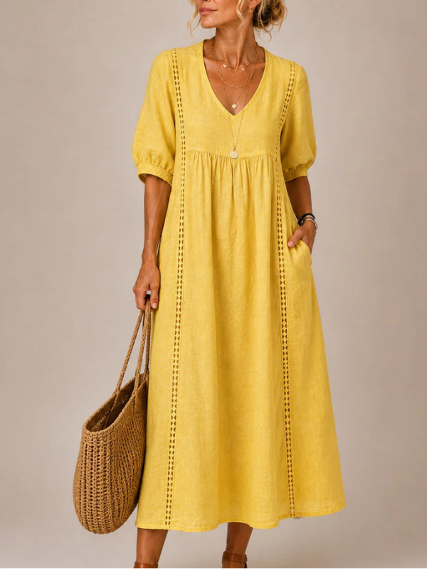MEADOW | Lace-Trim Midi Dress with Relaxed V-Neck Silhouette
