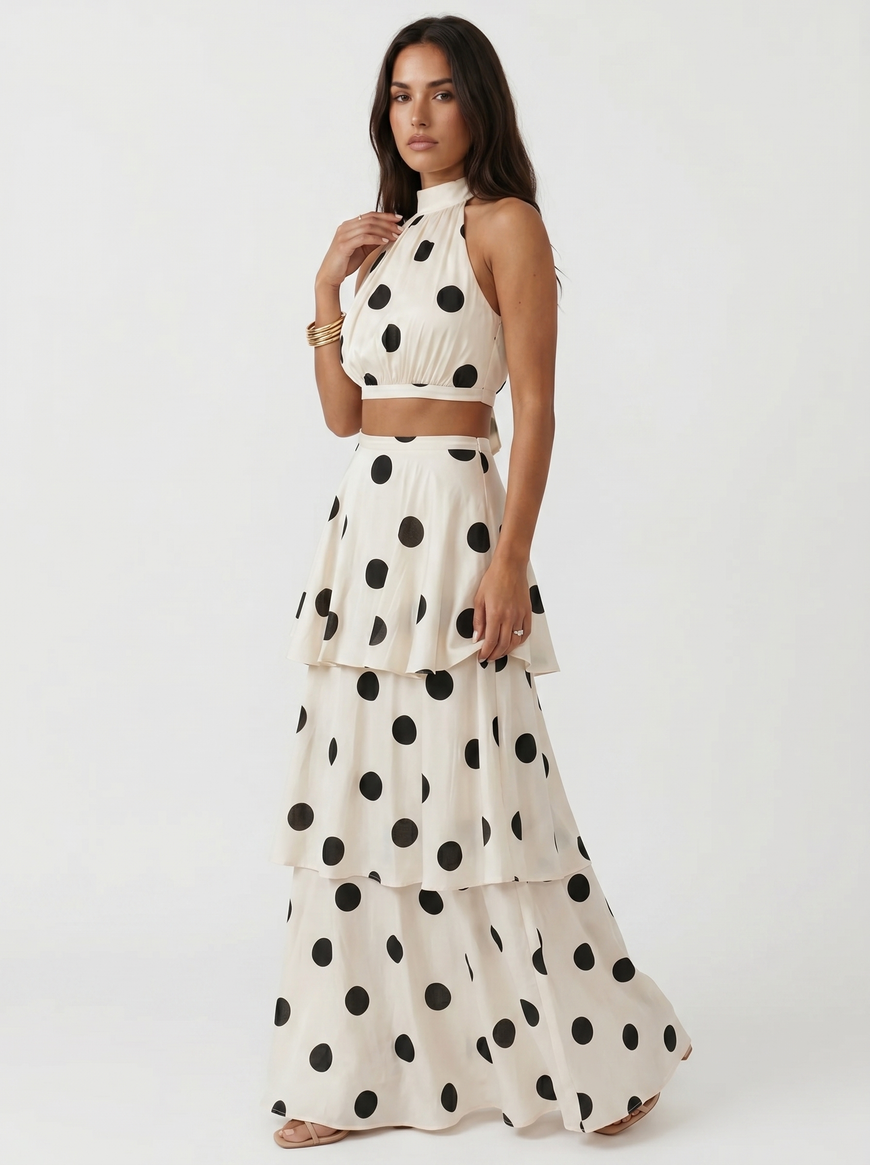 Ensemble top and long skirt with polka dots