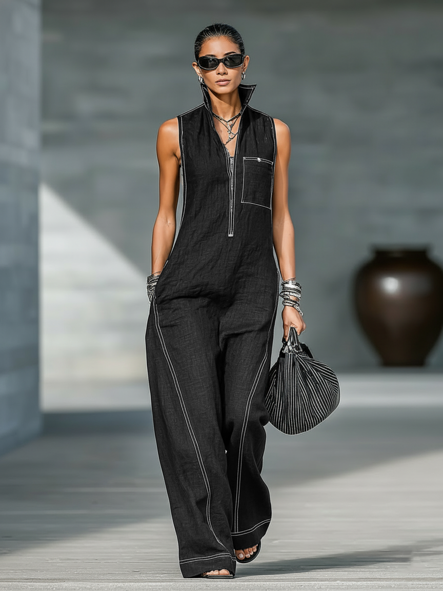 Sleeveless Overalls with White Trim