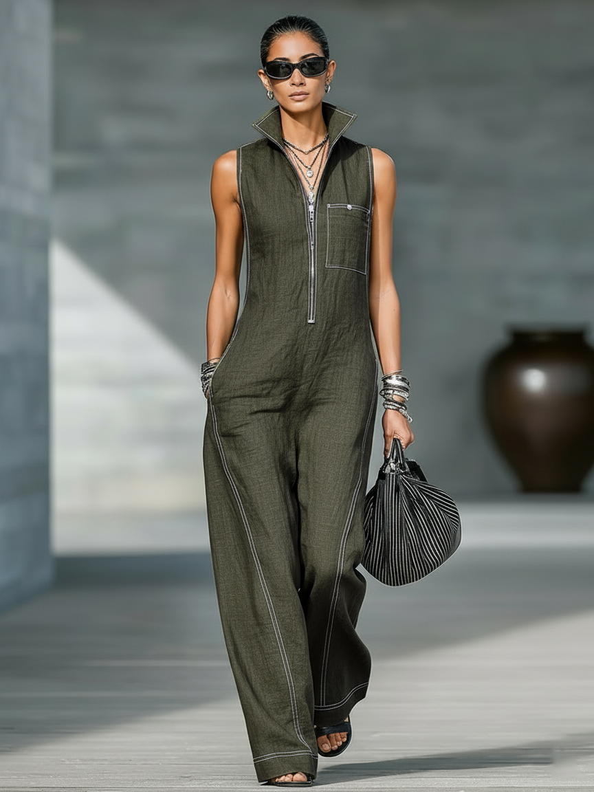 Sleeveless Overalls with White Trim