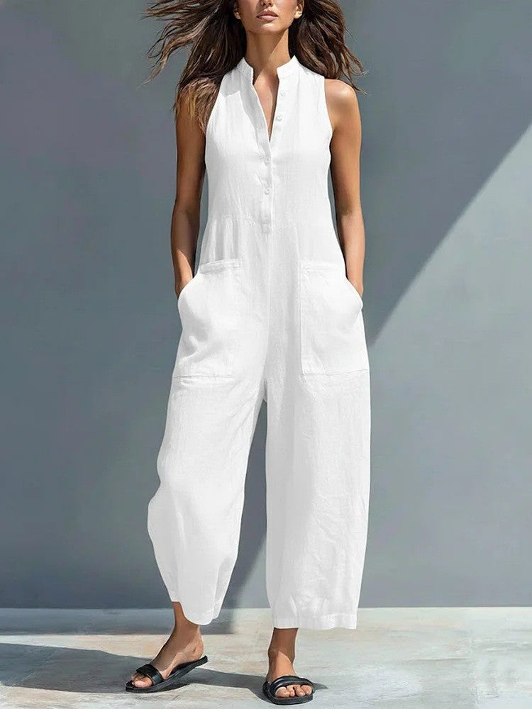 Harlow | Wide-Leg Button Cotton Jumpsuit