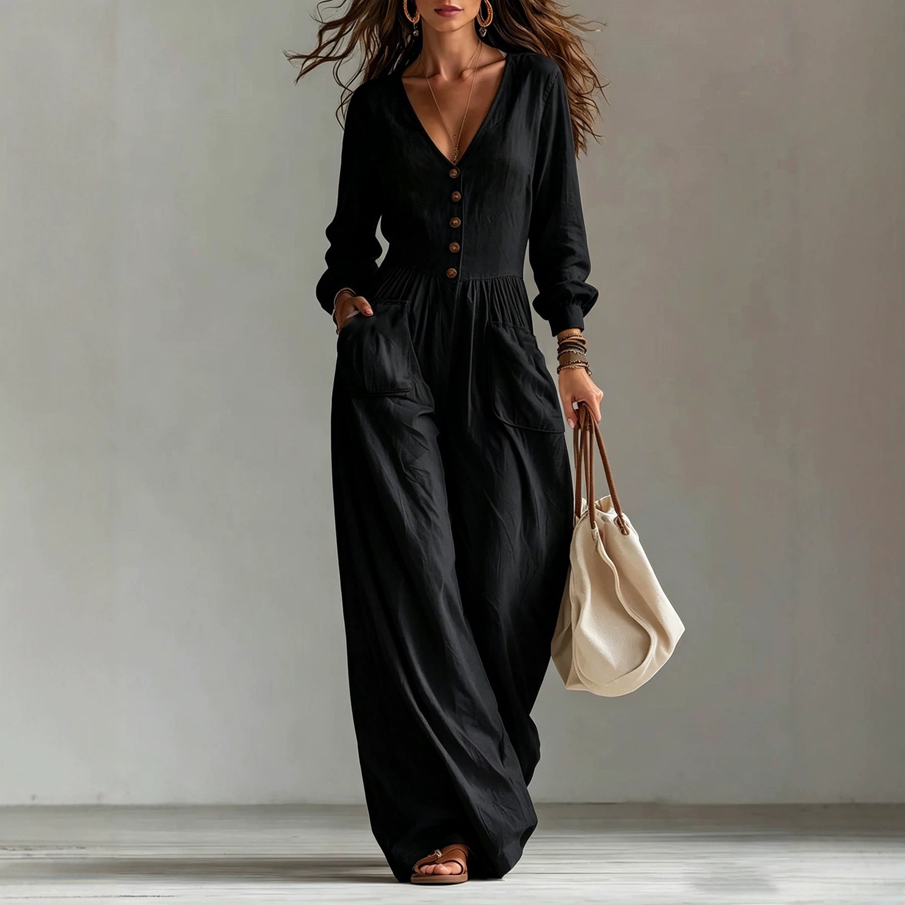 MADISON | Button-Front Wide Leg Jumpsuit with Effortless Style, Easy On-Off and All-Day Comfort