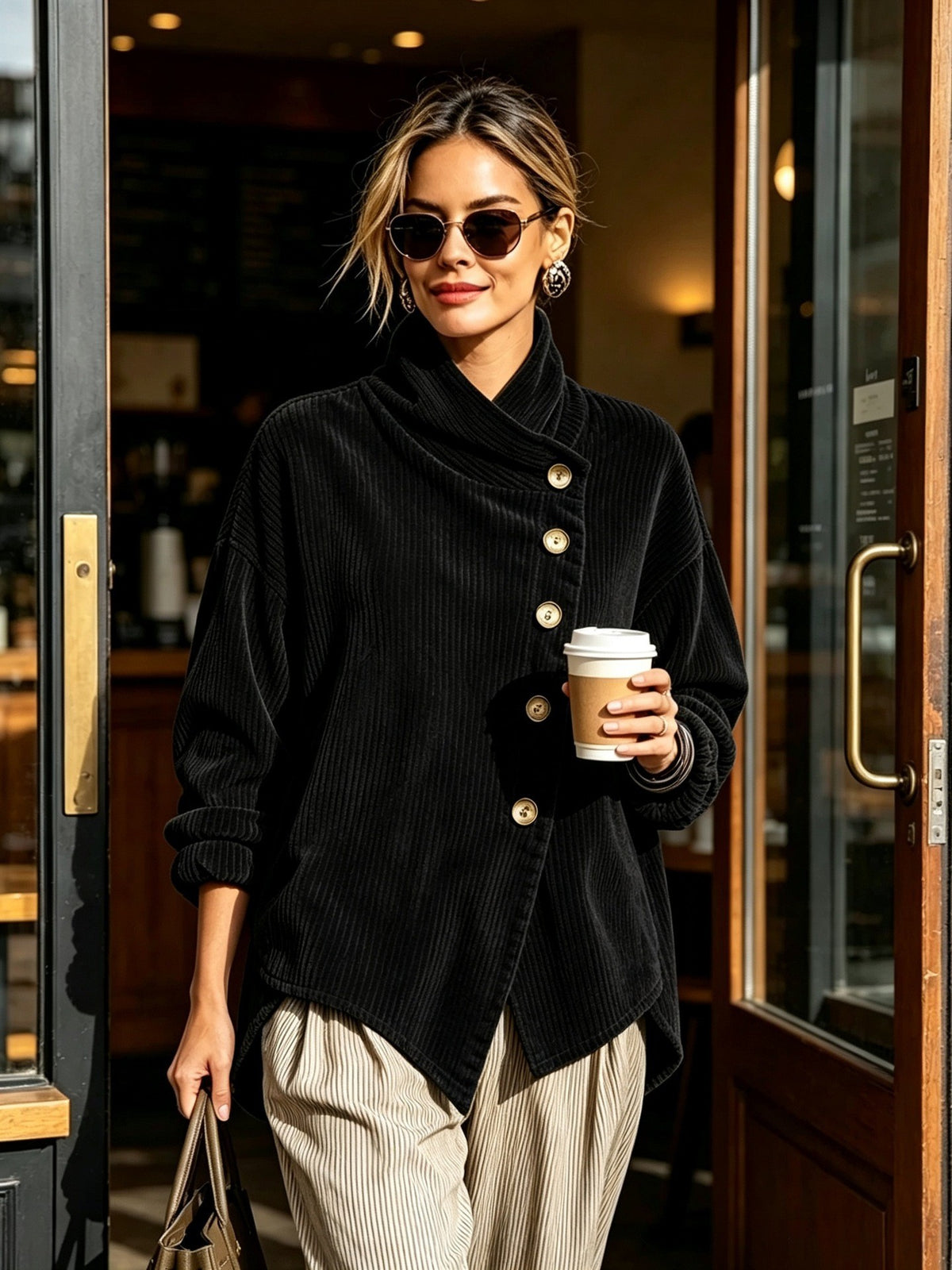 Sabrina | Wrap-Collar Top with Diagonal Button Detail