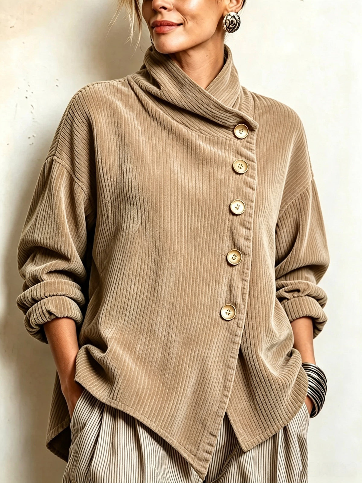 Rosalind | Wrap-Collar Top with Diagonal Button Detail