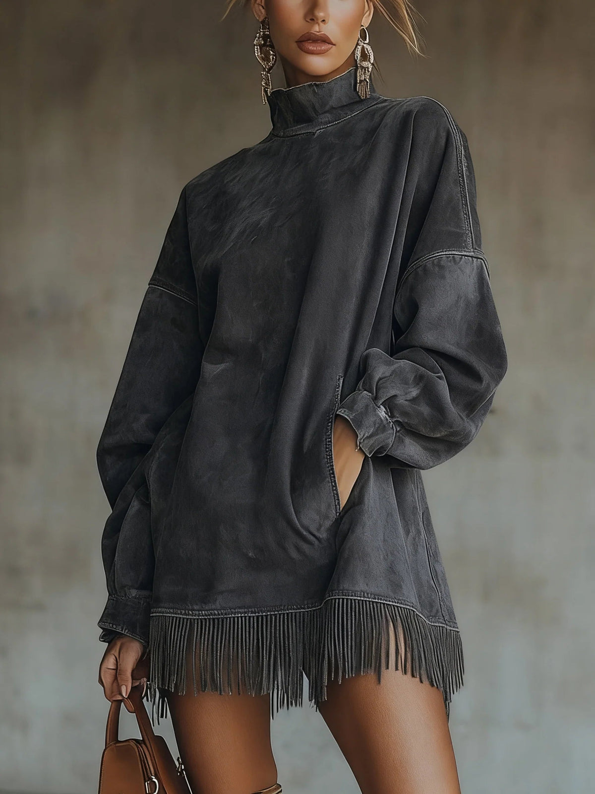 Gabrielle | dress with high collar and fringes