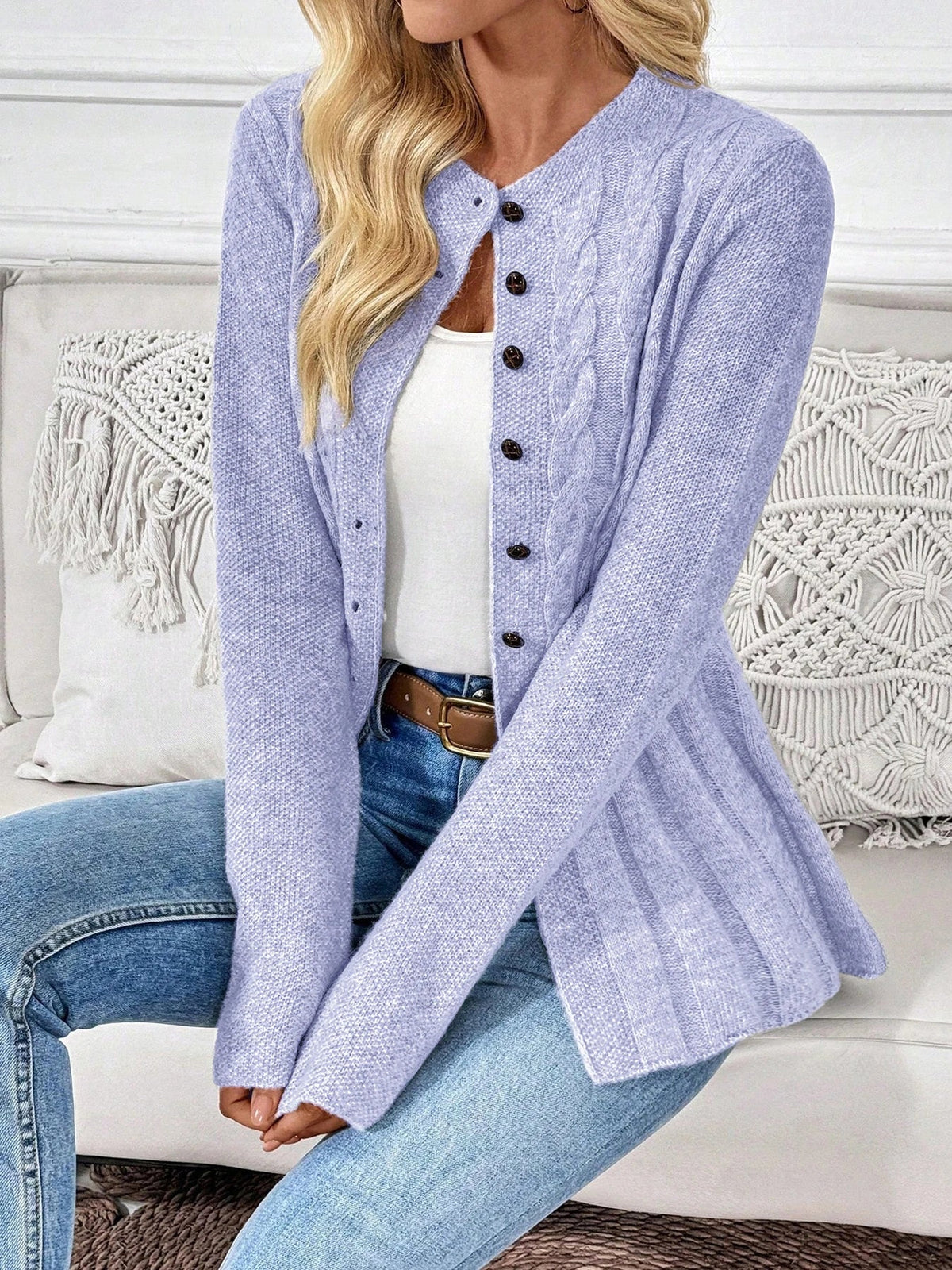 CLEA | Cable Knit Cardigan with Cinched Waist