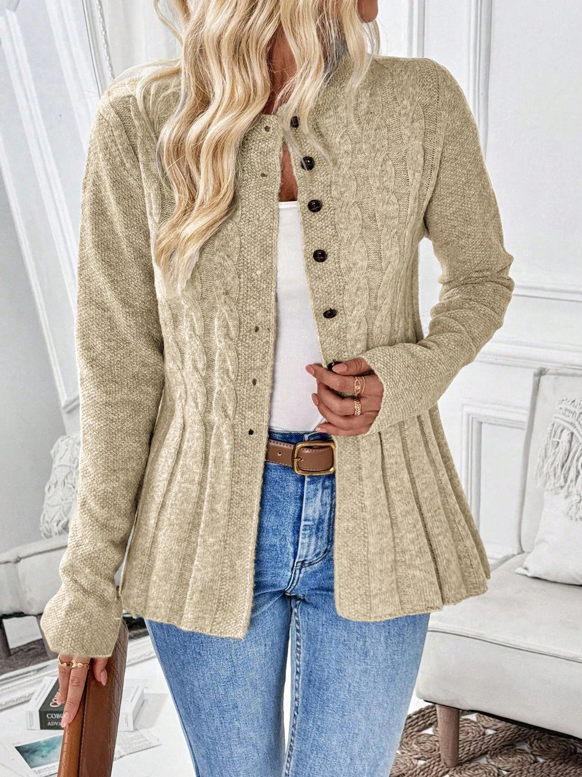 CLEA | Cable Knit Cardigan with Cinched Waist