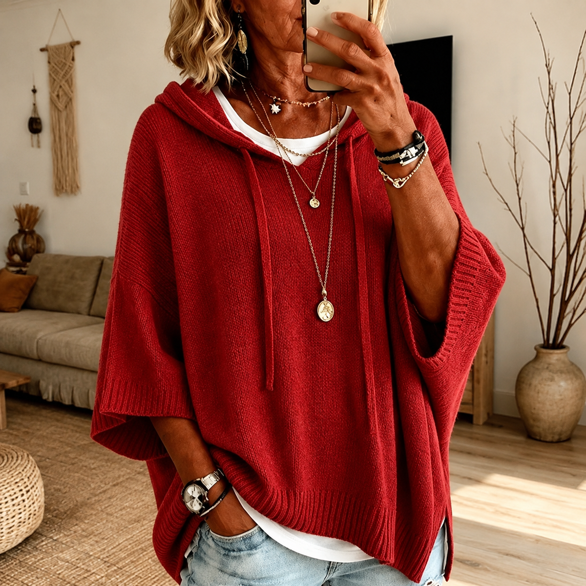 Claire – Red Poncho Sweater