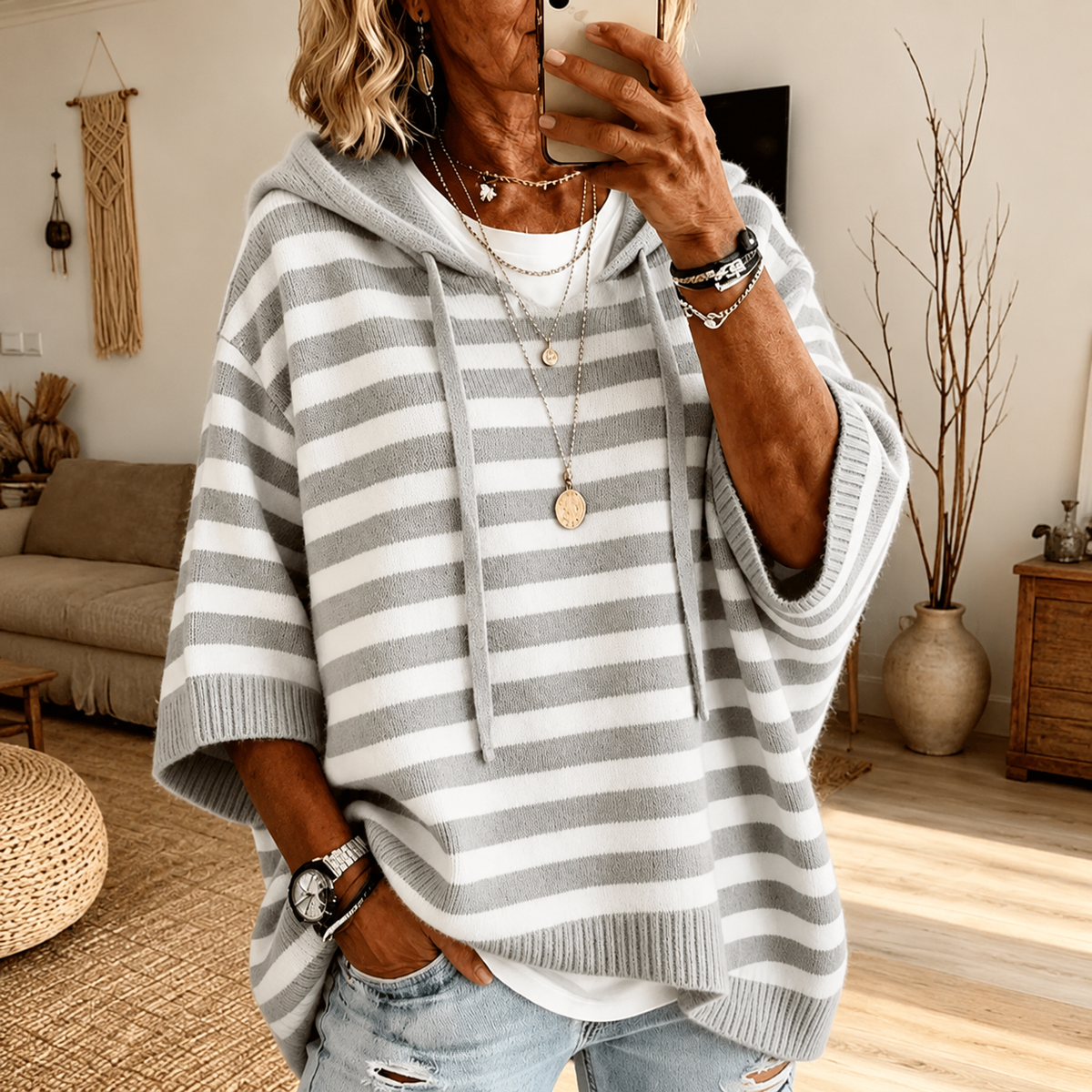 Celine – Gray Striped Poncho Sweater