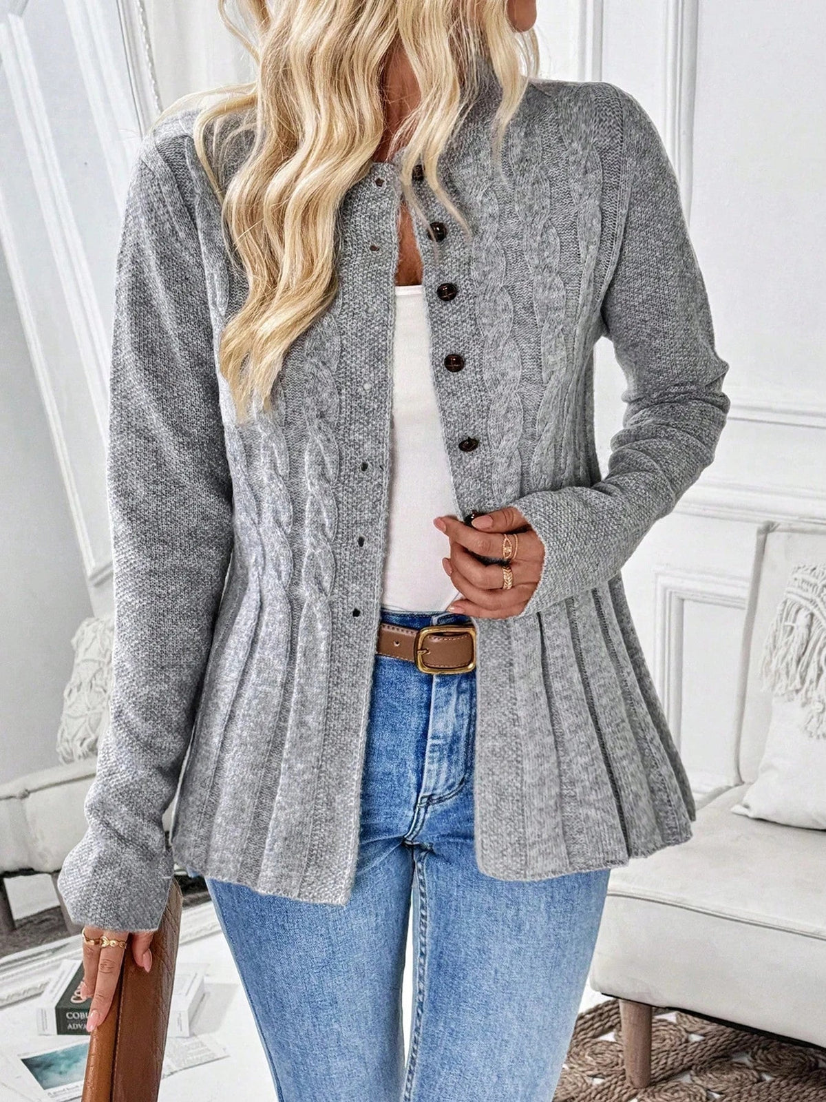 CLEA | Cable Knit Cardigan with Cinched Waist