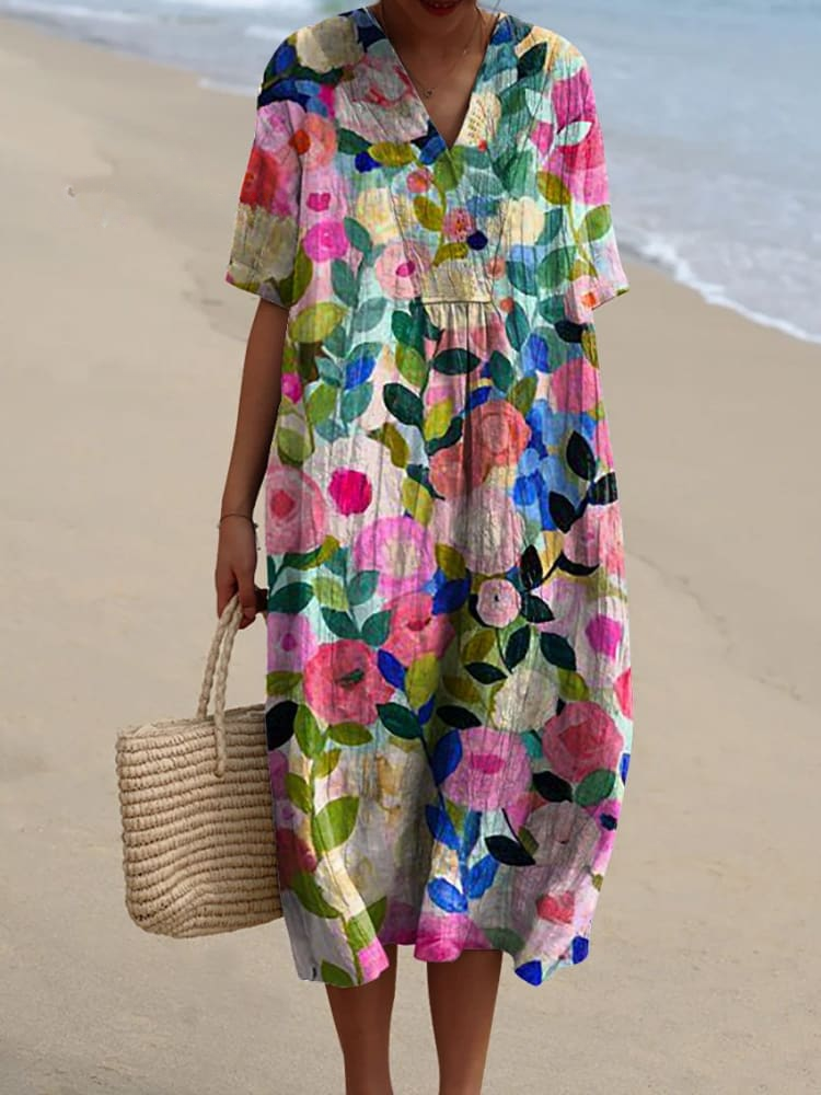 Casual Flowing Dress with Vintage Floral Print