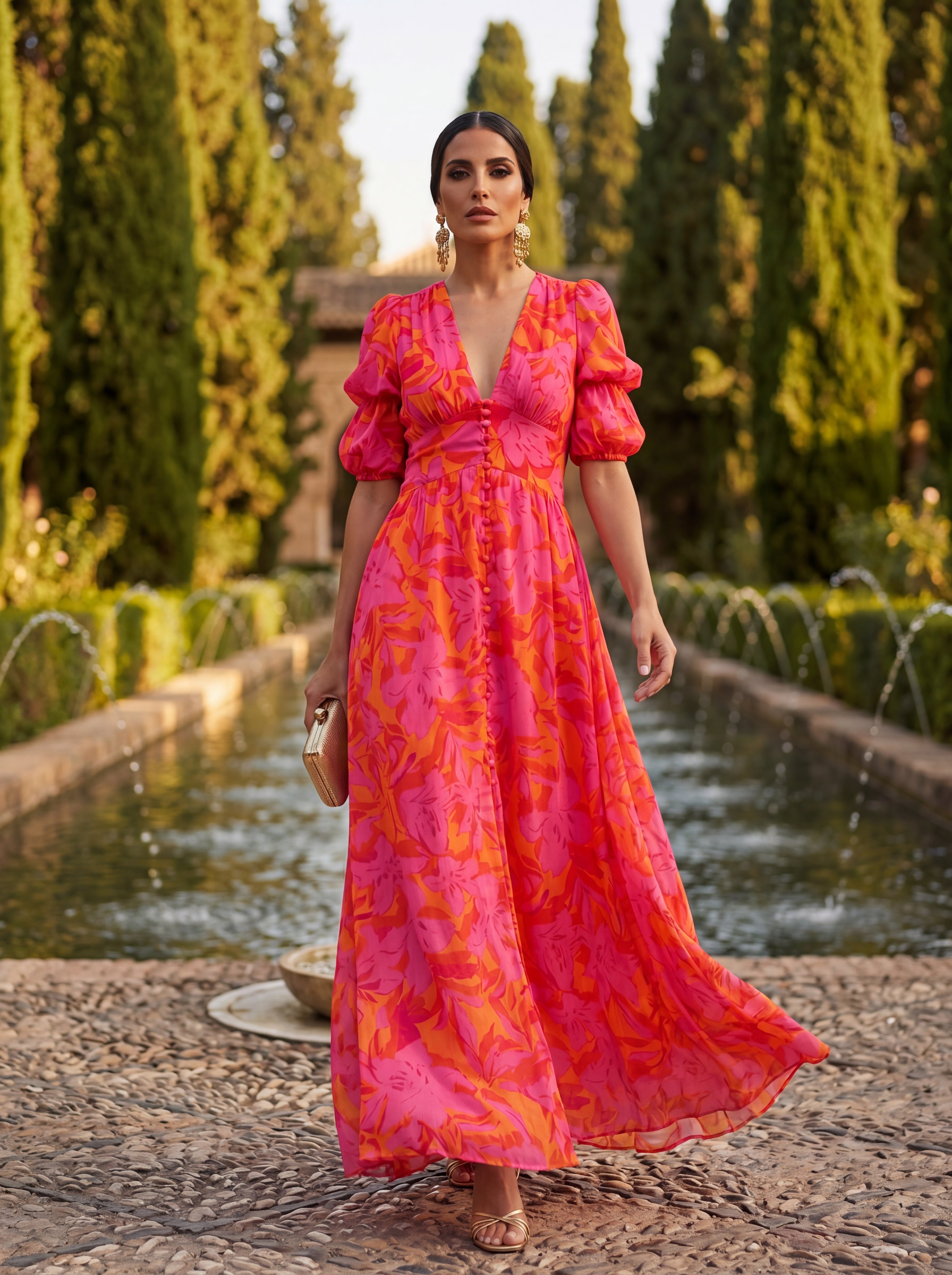 Oliva | Maxi Floral Dress with Balloon Sleeves and V-Neck