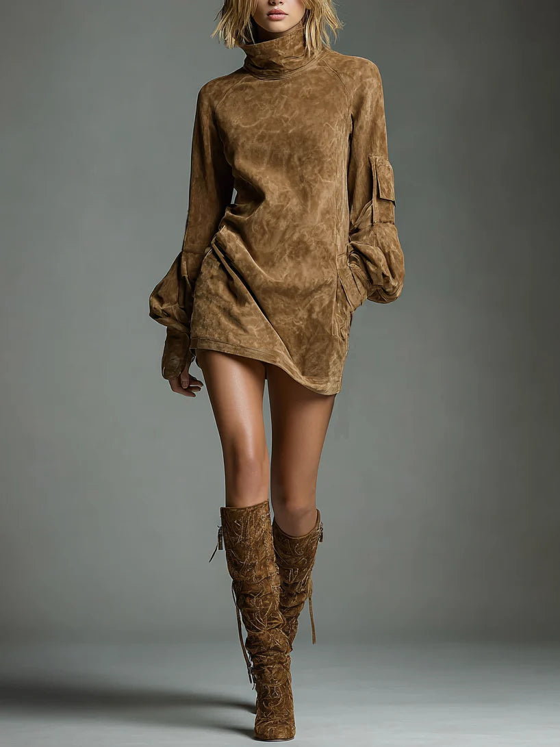Buy | Loose suede mini dress with high neck