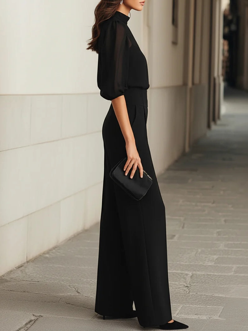 Three-piece set: sheer black tank top and wide-leg pants