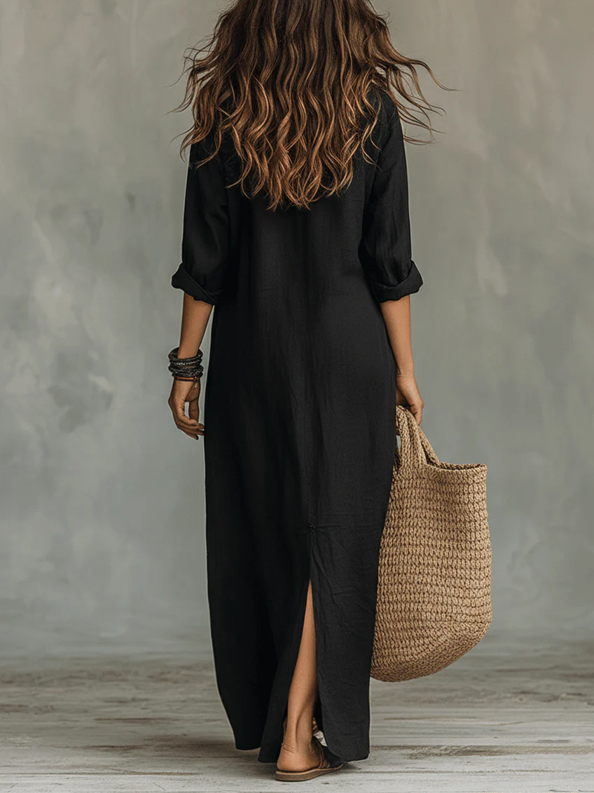 Soline™ | Long Black Maxi Dress with Buttons