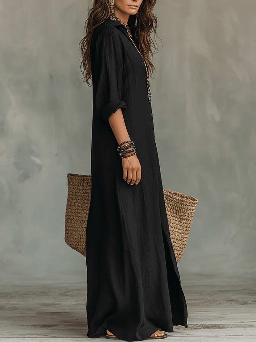 Alessia | Soft Black Maxi Dress with Buttons