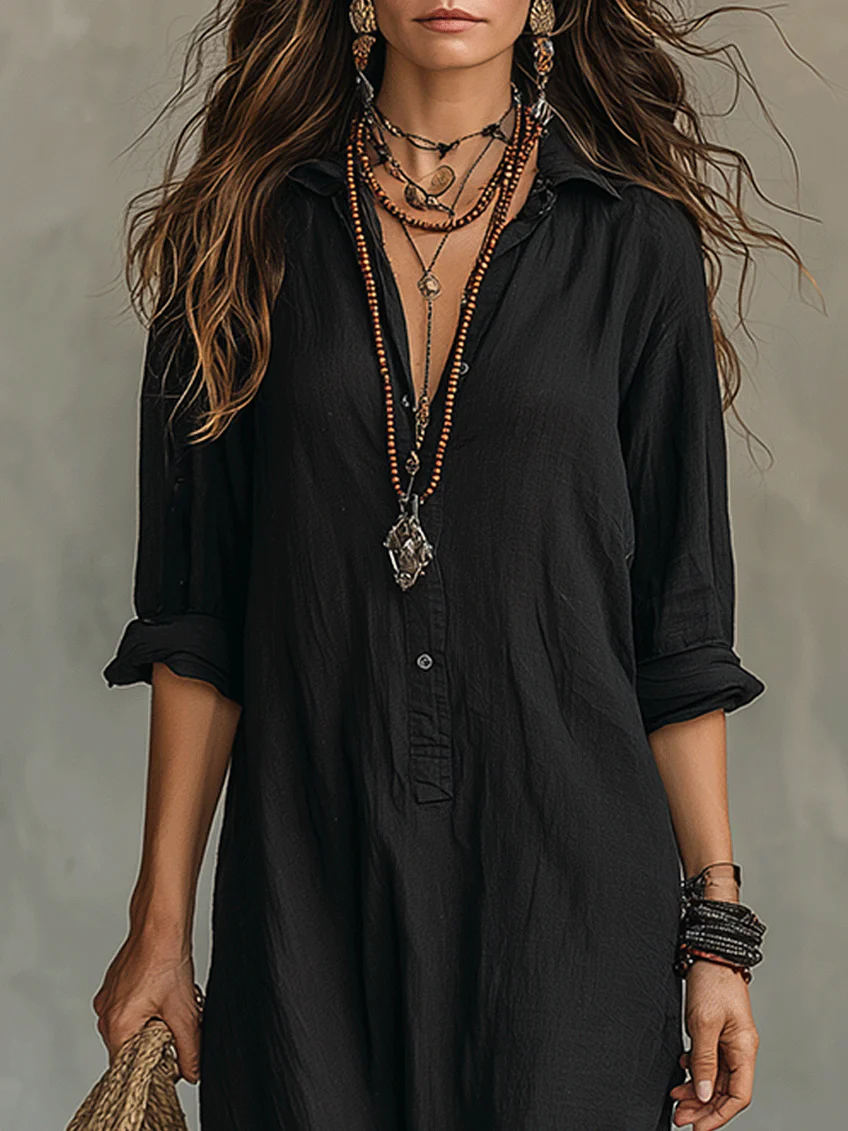 Soline™ | Long Black Maxi Dress with Buttons