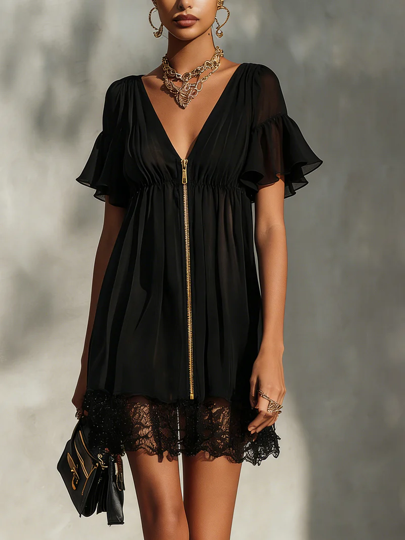 LUNA | V-Neck Mini Dress with Ruffled Sleeves and Lace Trim