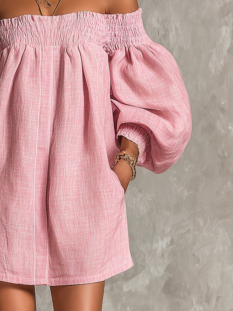 Violette | Off-the-Shoulder Pink Mini A-Line Dress with Lantern Sleeves