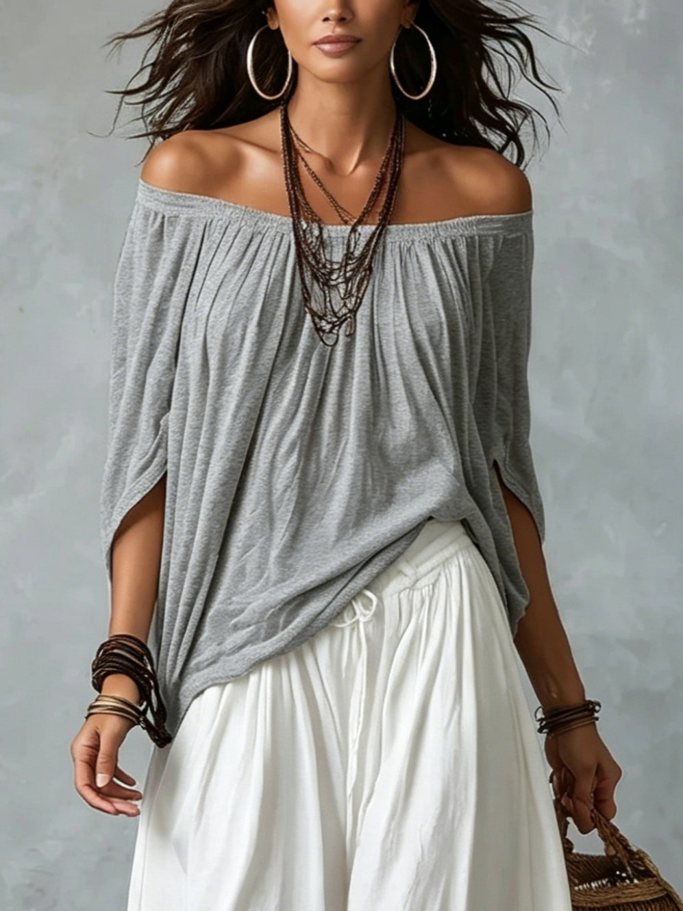 Gray Off-shoulder Top and White Flared Lantern Pants