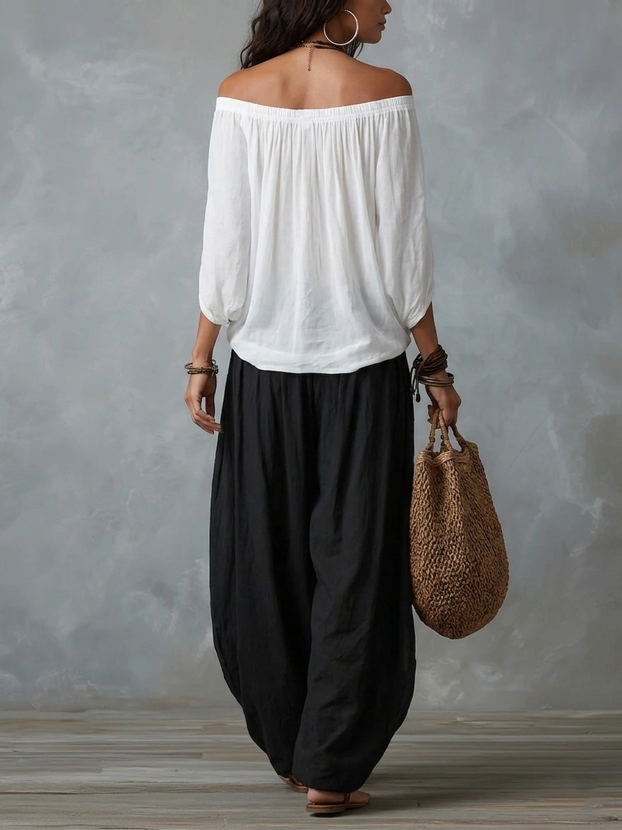 Top White Off-the-shoulder and Wide Lantern Pants