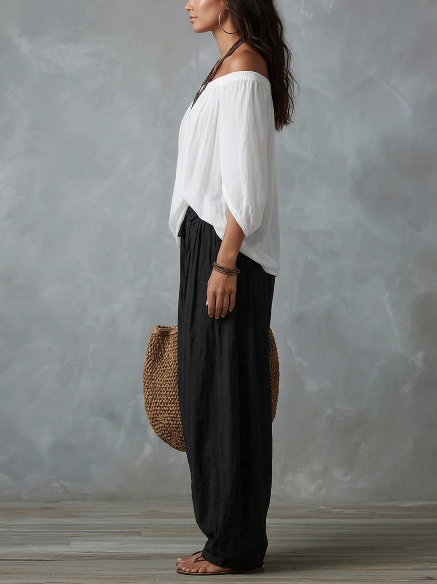 Top White Off-the-shoulder and Wide Lantern Pants