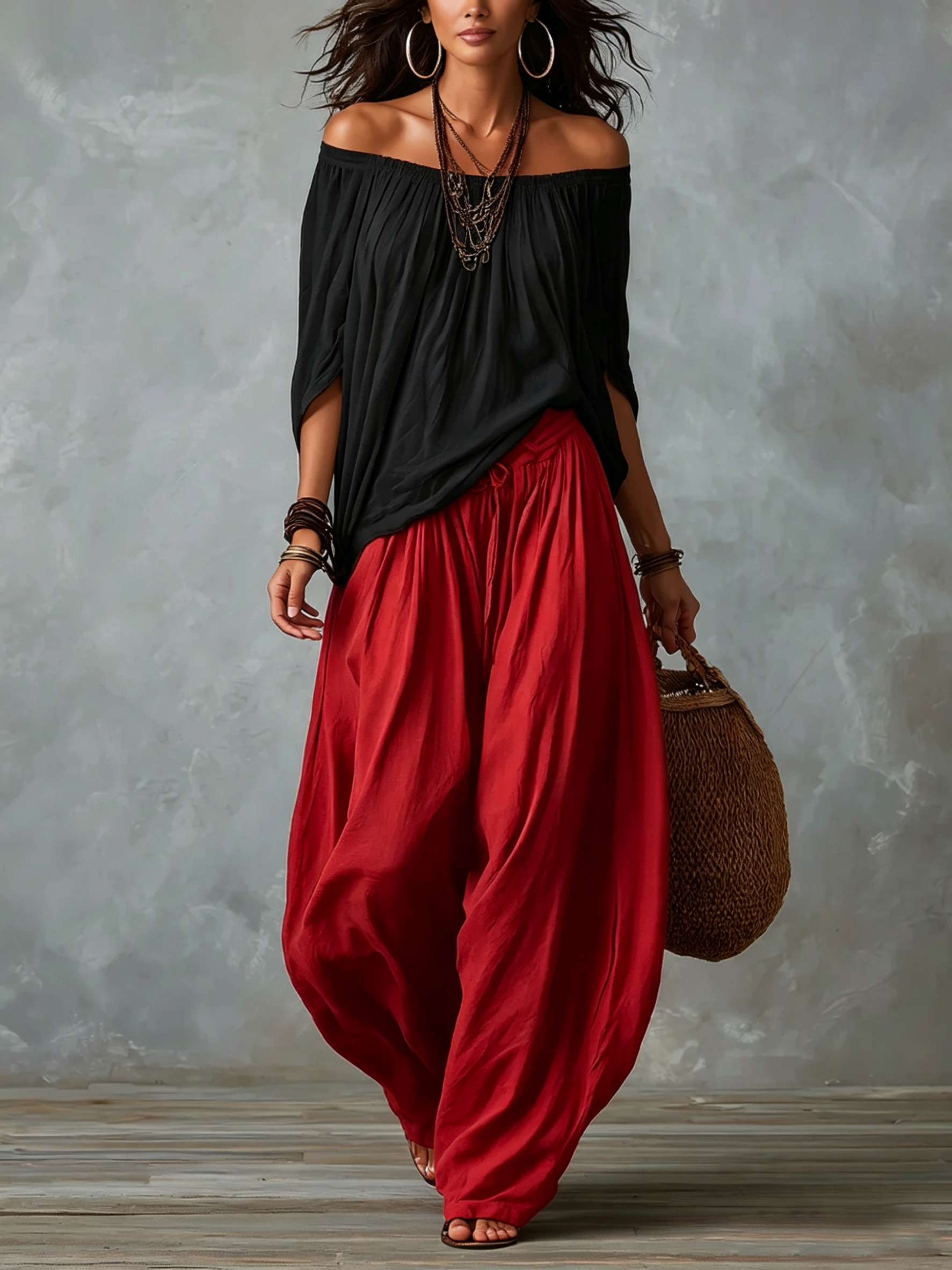 Top White Off-the-shoulder and Wide Lantern Pants