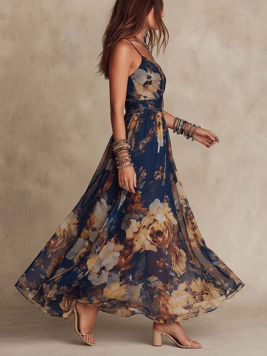 Navy Blue Chiffon Maxi Dress with Floral Print and Thin Straps