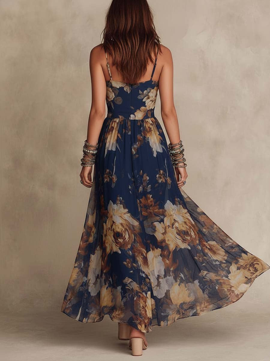 Navy Blue Chiffon Maxi Dress with Floral Print and Thin Straps