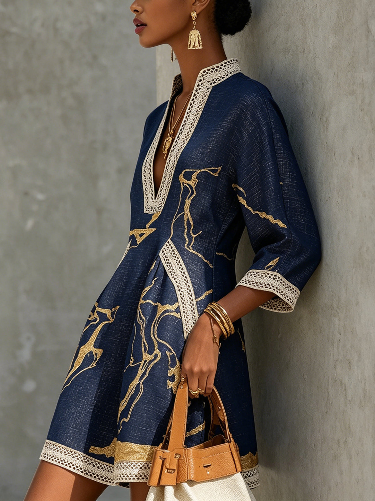 Cosette | Navy Blue Mini Dress Featuring Gold Patterns and V-Neck Crochet Lace