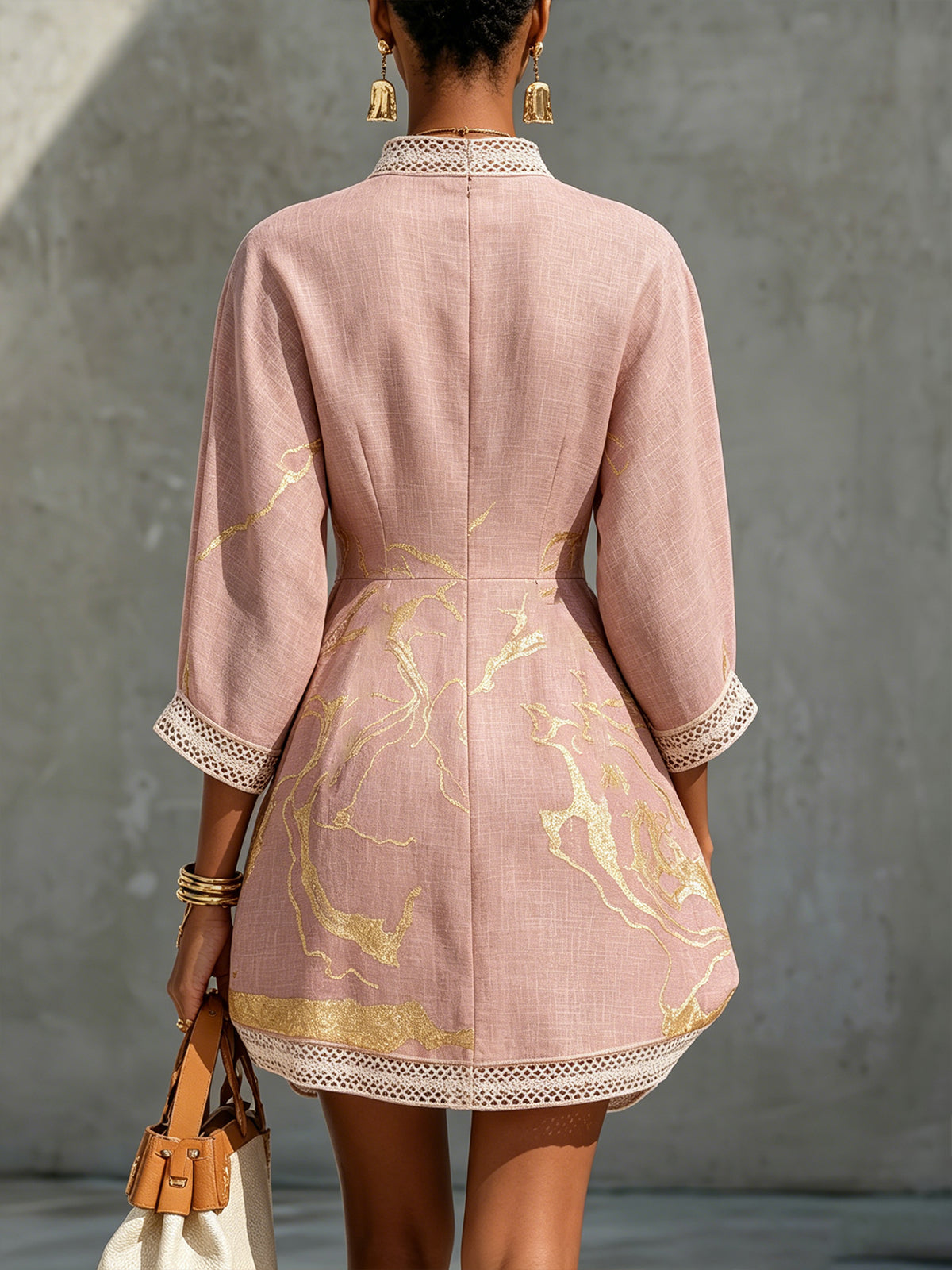Ninon | Pink Crocheted Lace Mini Dress with Golden Accents and V-Neck