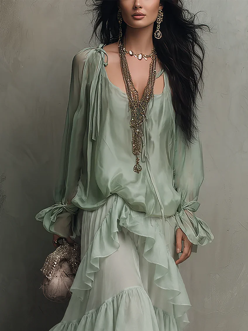 Mint Green Chiffon Top with Ruffles Paired with a Layered Skirt Set