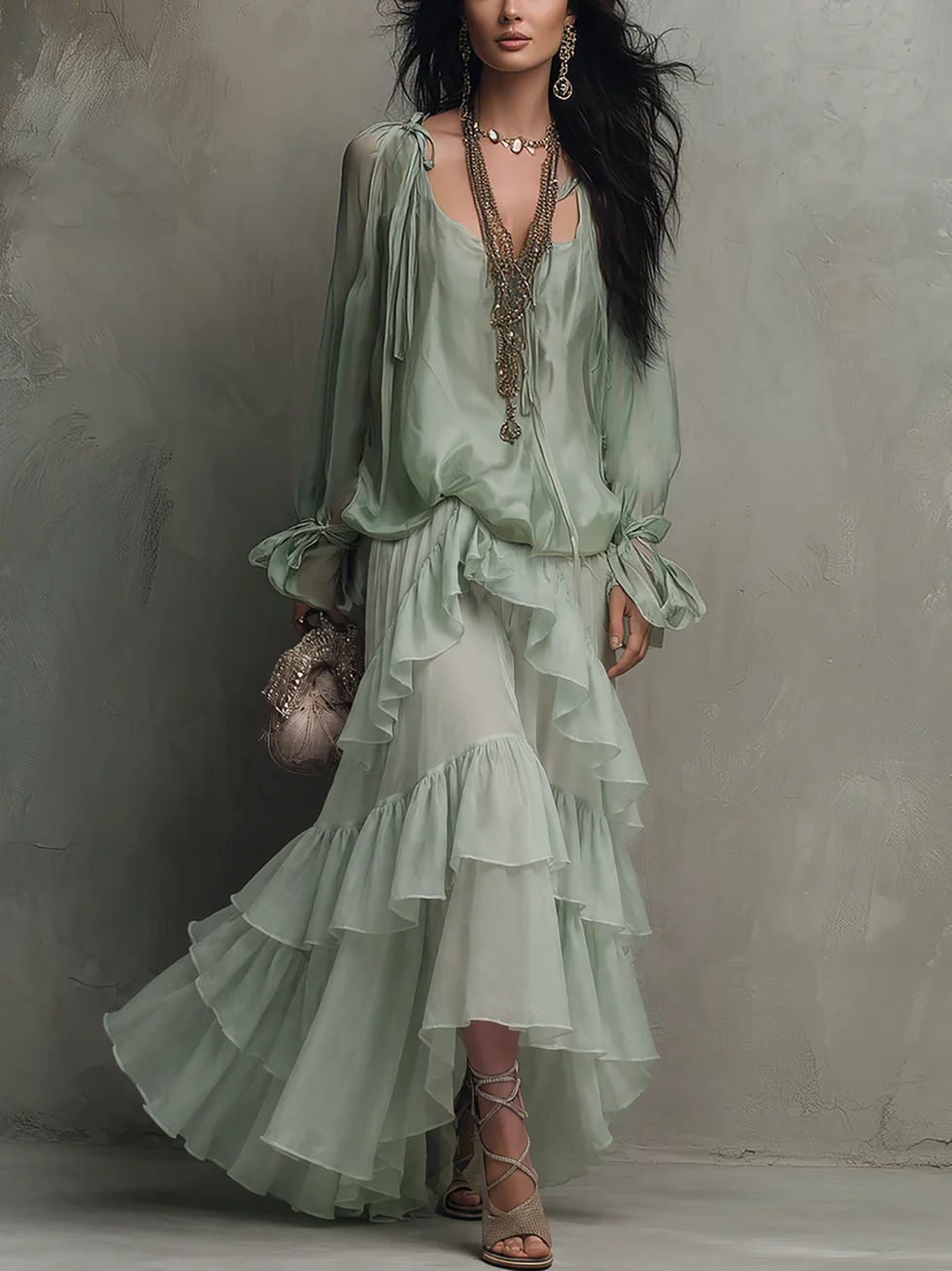 Mint Green Chiffon Top with Ruffles Paired with a Layered Skirt Set