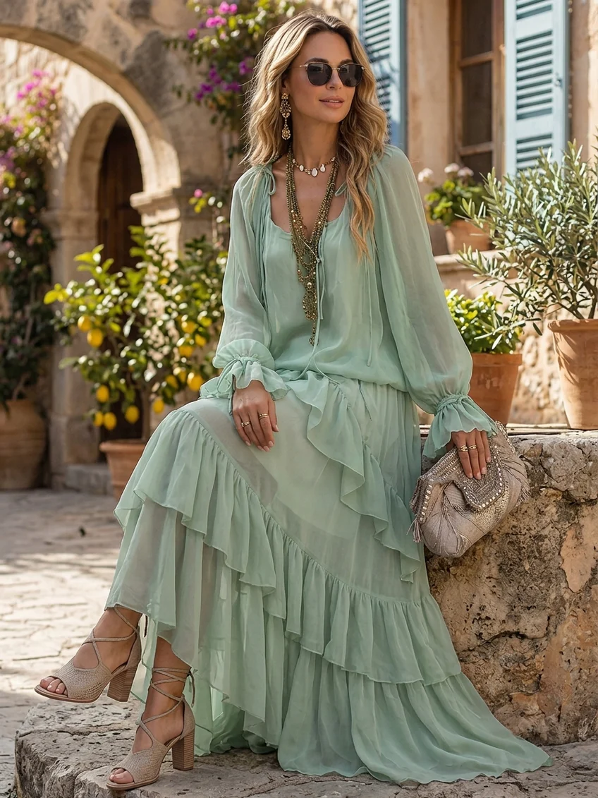 Mint Green Chiffon Top with Ruffles Paired with a Layered Skirt Set