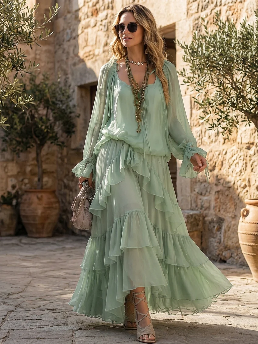 Mint Green Chiffon Top with Ruffles Paired with a Layered Skirt Set