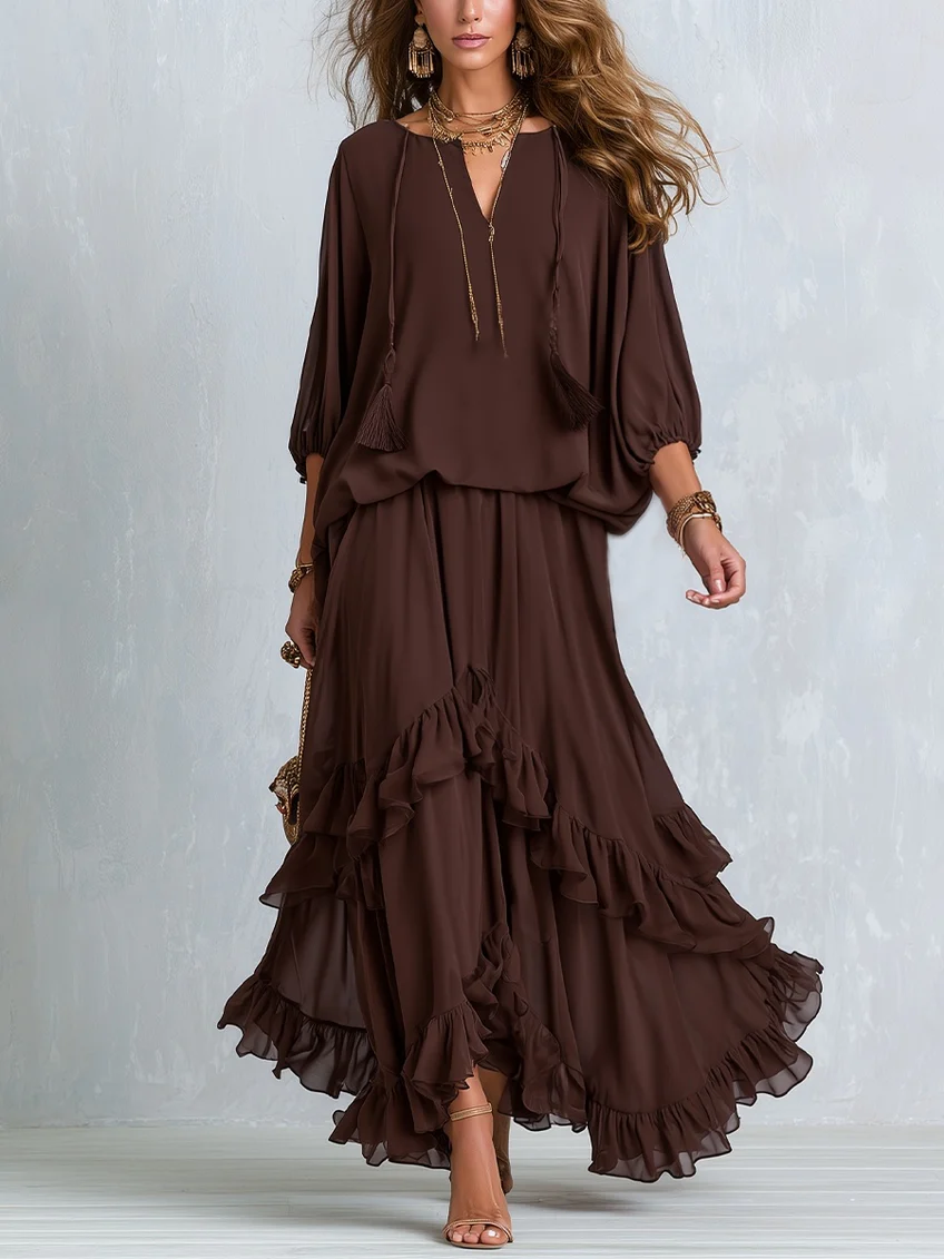 Brown Chiffon Top with Fringe Paired with a Layered Skirt Set with Ruffles