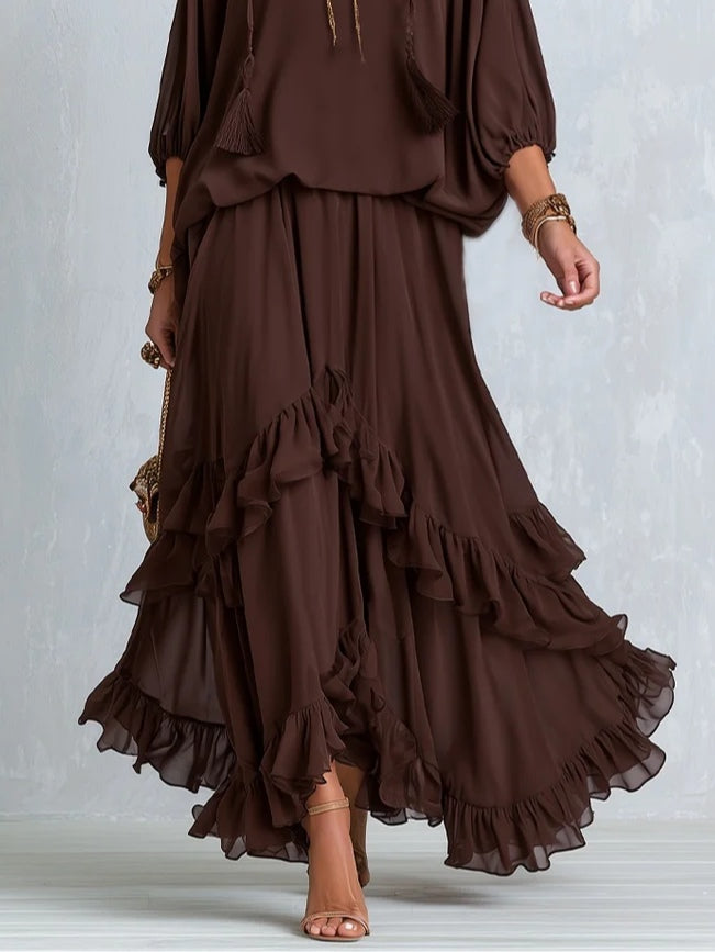 Brown Chiffon Top with Fringe Paired with a Layered Skirt Set with Ruffles