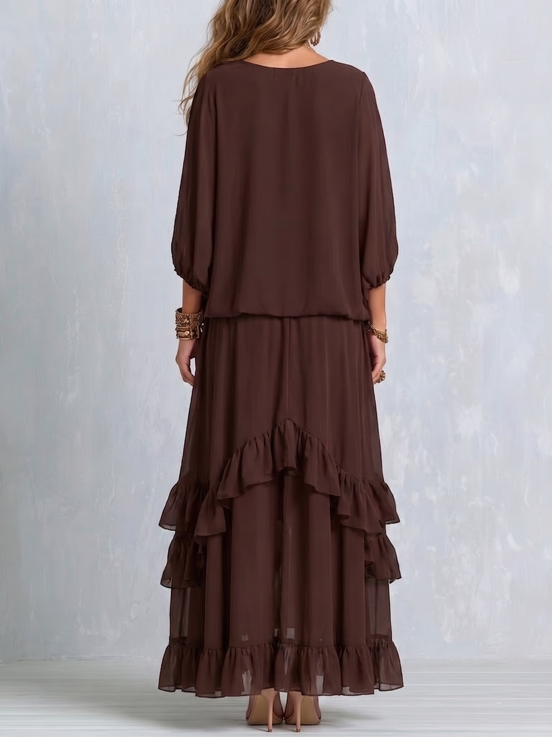 Brown Chiffon Top with Fringe Paired with a Layered Skirt Set with Ruffles