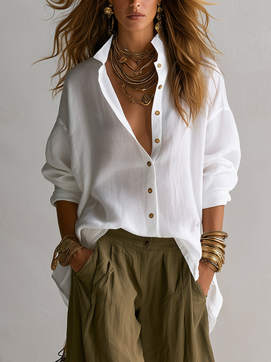 White Loose Shirt and Green Wide-Leg Lantern Pants