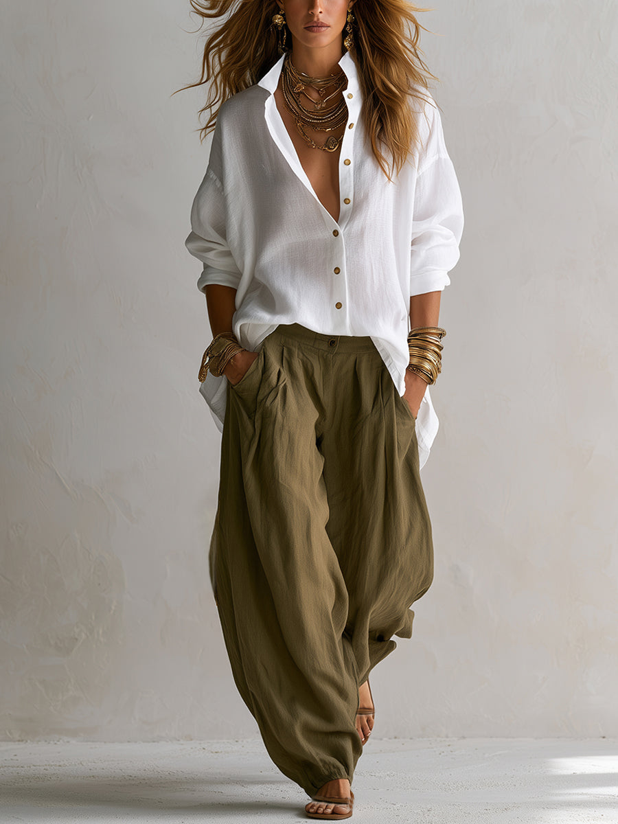 White Loose Shirt and Green Wide-Leg Lantern Pants