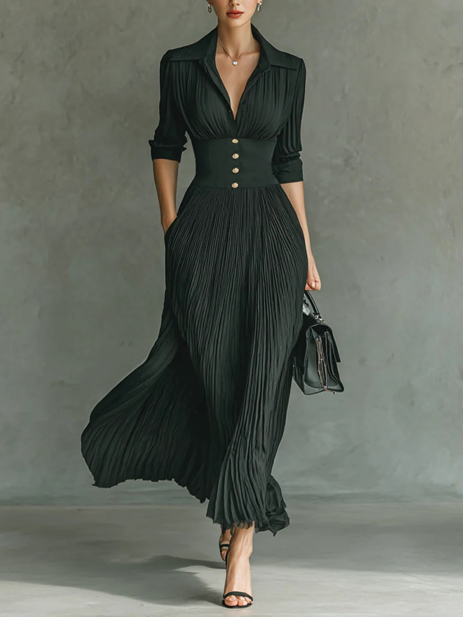 Elvire | Long Pleated Dress with Notch Lapel and High Waist
